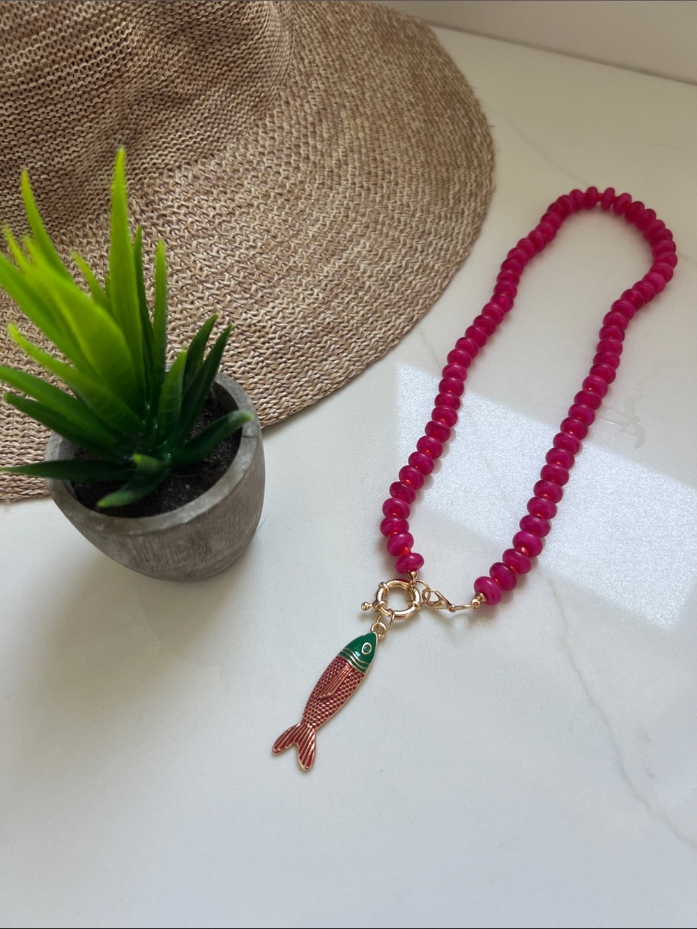 Hot Pink Beaded Necklace with Fish Pendant